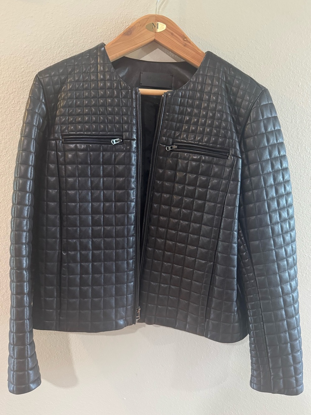 Cole Haan Black Quilted Collarless Lambskin Leather Jacket, Womens XL